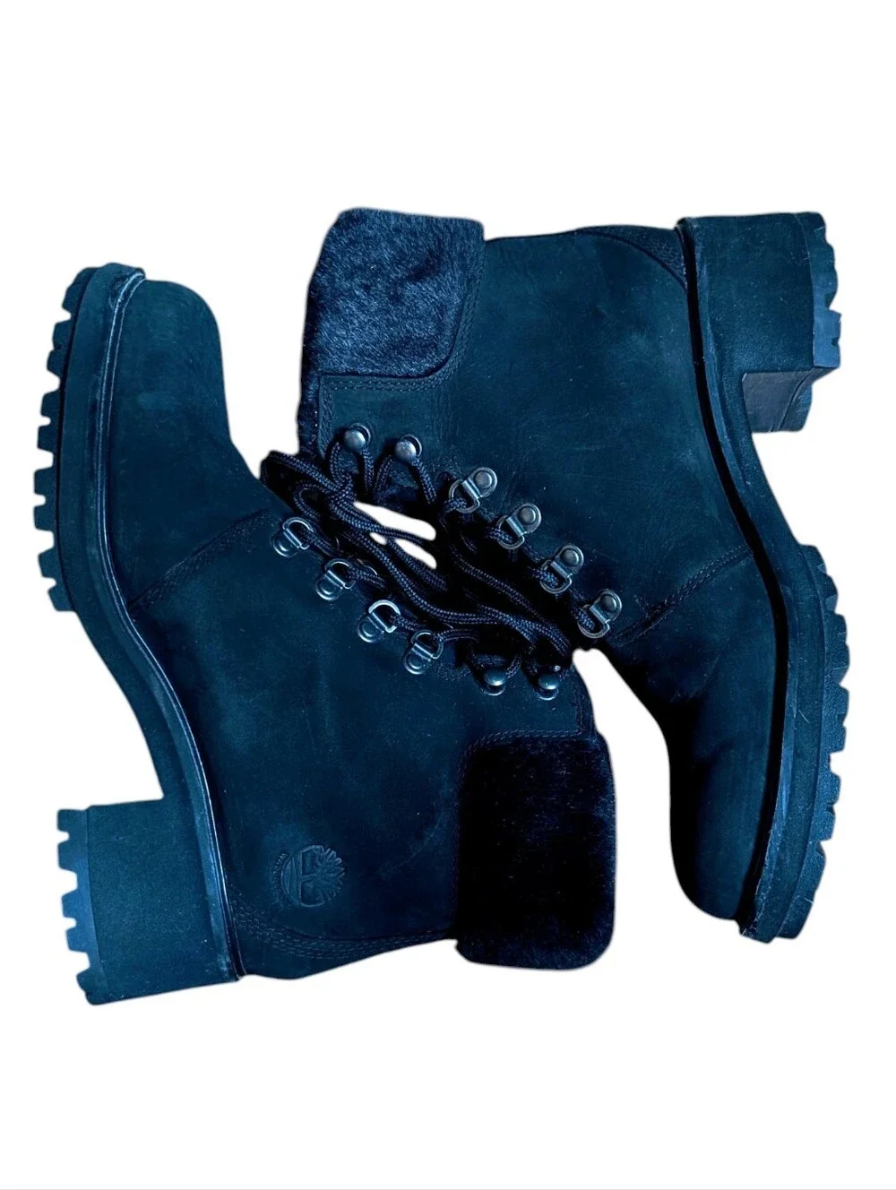 Timberland Kinsley Leather Black Lace-Up Ankle Boots With Faux Fur Collar